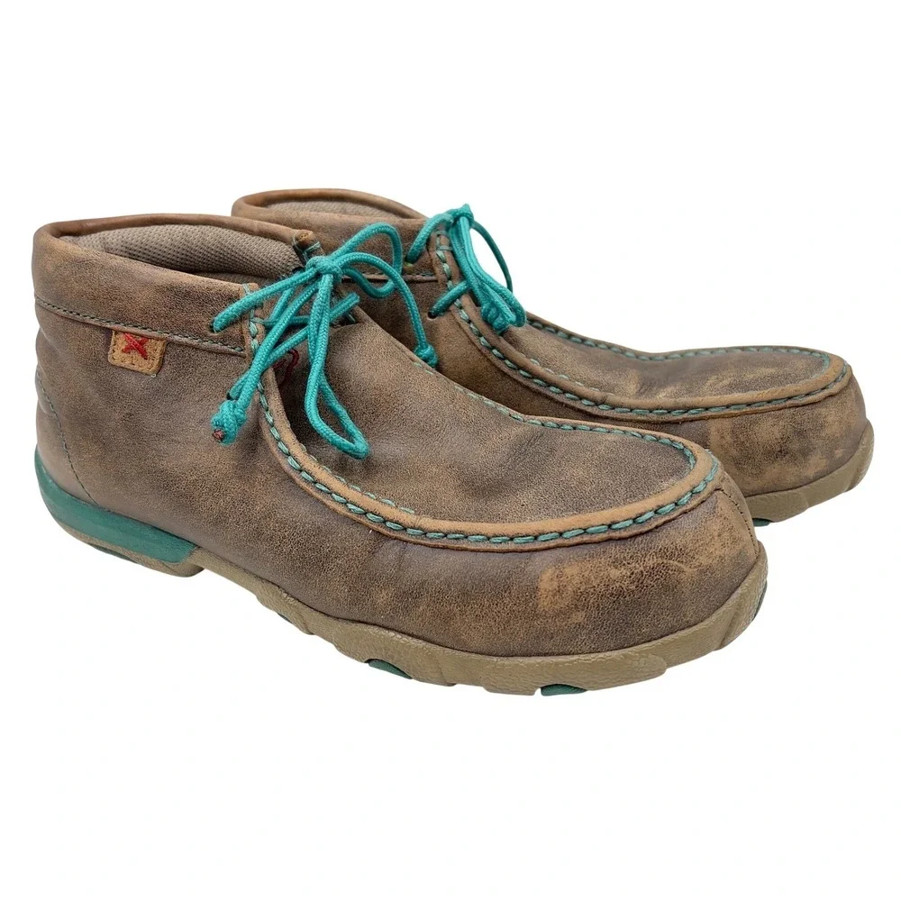 Twisted X Women's Steel Toe Chukka Driving Moc Brown Leather Teal WDMAL01 Size 7